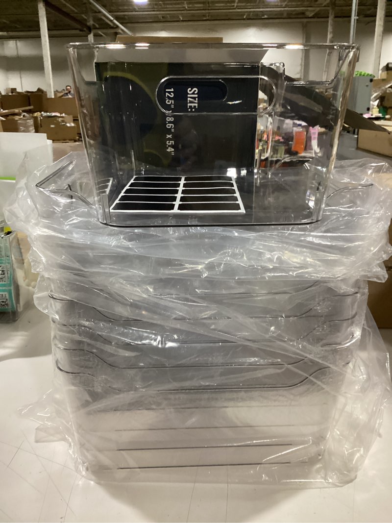 Condition photo showing As Is for 12 PACK Multi-Use Clear Plastic Storage Bins for Organizing w/ Labels - Home, Kitchen, Pantry, Bathroom, Office, Cabinet Shelf Organizer Bins - SOHO Collection, RV, Fridge Organization Containers -XL XL Large