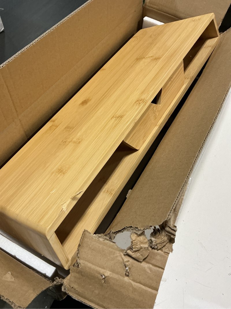 Condition photo showing As Is for Homerays Bamboo Monitor Stand Riser, No Assembly Required Exquisite Monitor Stand with Drawer Ergonomic Height Wood Monitor Stand