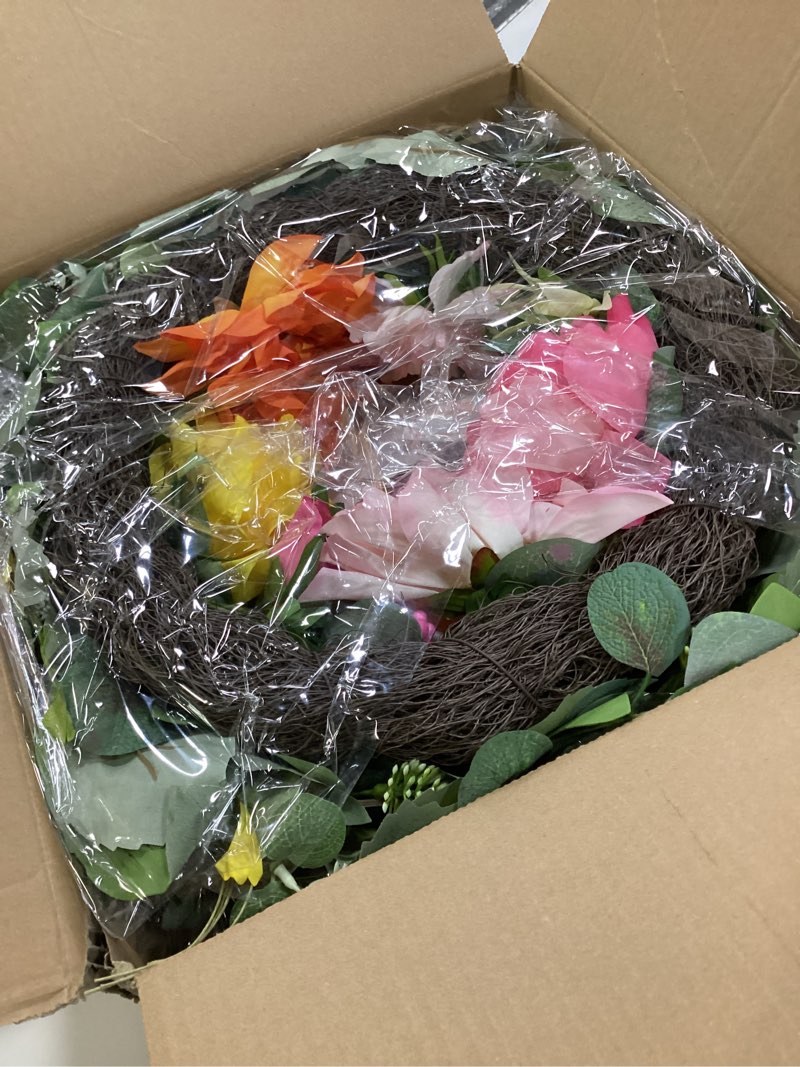 Condition photo showing New/Like New for waipfaru spring wreaths for front door outside, 24in summer wreaths easter wreath, large front door wreath with peony dahlia rose flower green eucalyptus leaves farmhouse outdoor porch home decor