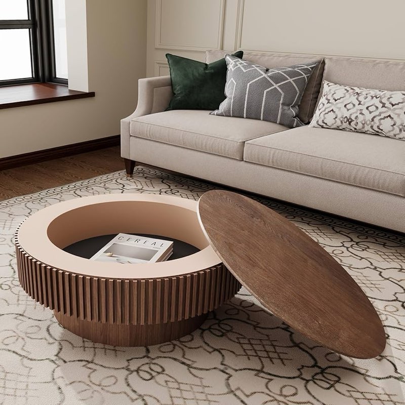 Round Coffee Table With Storage Solid Wood Veneered For Living Room, Bedroom