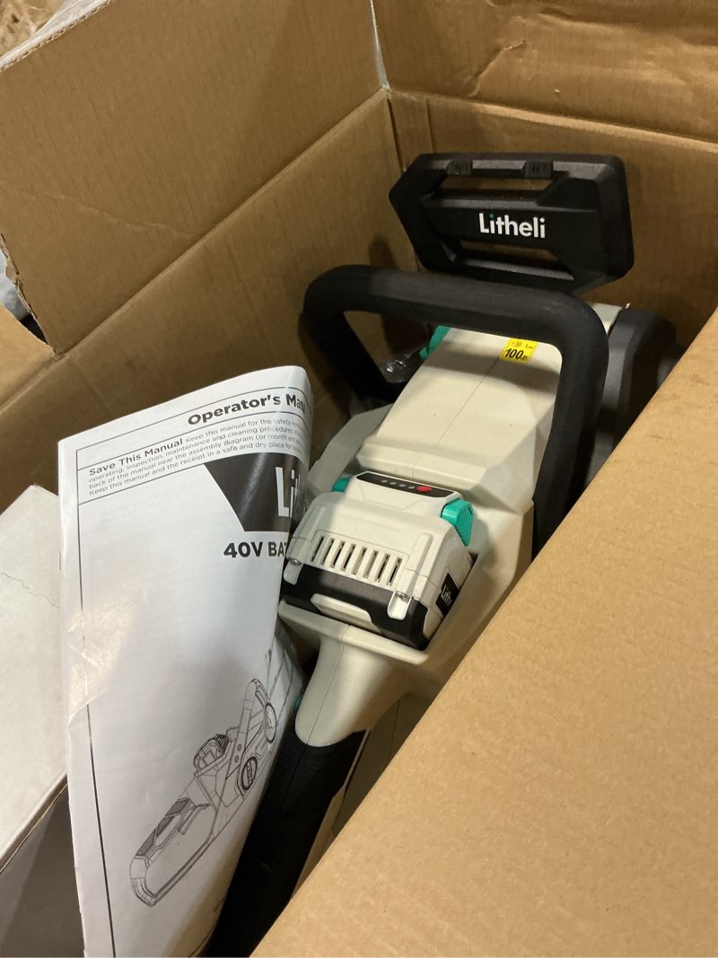 Condition photo showing As Is for litheli cordless battery chain saw 12", 40v 2.0ah battery powered chainsaw, electric chainsaws for trees, pruning, branch cutting, yard, garden battery and charger included