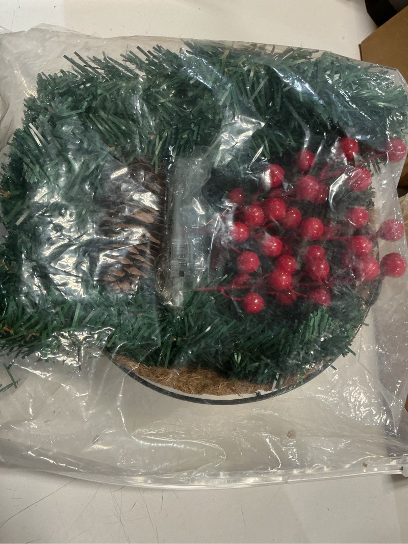 Condition photo showing Good Condition for artificial christmas hanging basket flocked with mixed decorations and outdoor decoration,for decorated with frosted pine cones, berry clusters