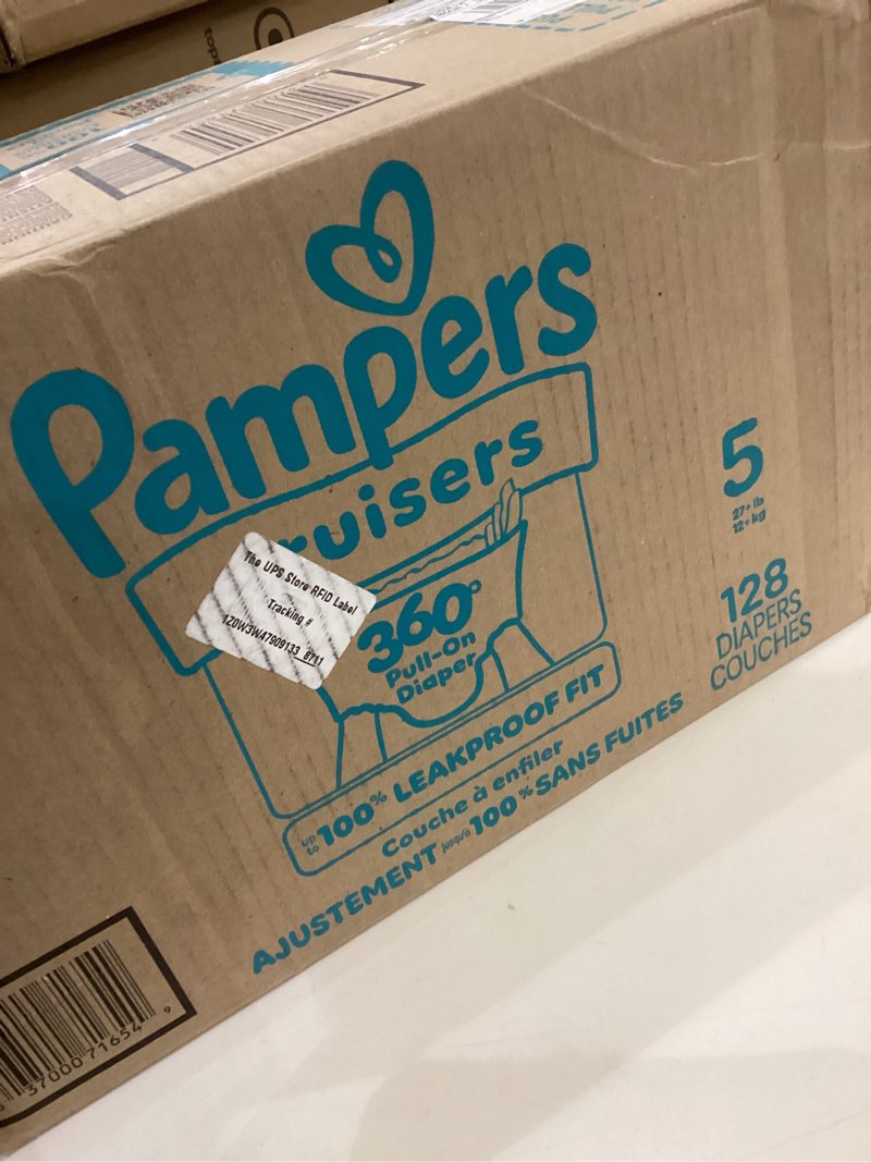 Condition photo showing New/Like New for Pampers Diapers - Cruisers 360 - Size 5, 128 Count, Babyproof up to 100% Leakproof Pull-On Diaper Size 5 128