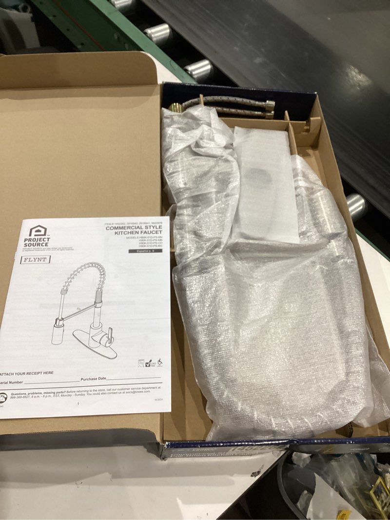 Condition photo showing As Is for project source flynt brushed nickel 1-handle deck-mount pull-down handle kitchen faucet (deck plate included)