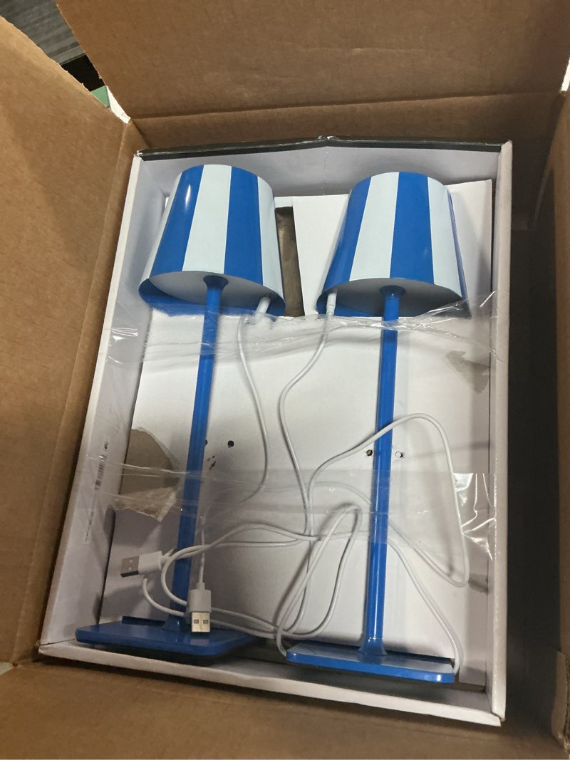 Condition photo showing Good Condition for mainstays 13" indoor/outdoor rechargeable blue stripe table lamp 2 pack