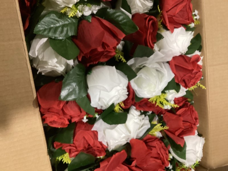 Condition photo showing New/Like New for NUPTIO Artificial Flower Centrepieces for Tables - 10 Pcs Crimson & White Fake Flowers Roses Balls 9.5in Diameter - Silk Faux Rose Arrangement for Wedding Party Centerpiece Table Decorations