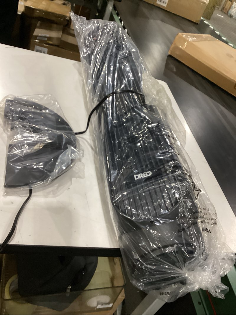 Condition photo showing As Is for incomplete dreo tower fan for bedroom, 2026 upgraded dc motor, 28ft/s high velocity, 20db ultra quiet standing fan, 8 speeds 4 modes, 90° oscillating bladeless fan for indoors, floor fans with remote, black