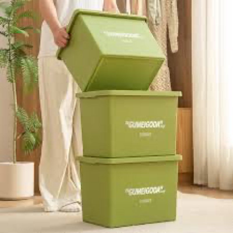 4 packs Green Storage File Boxes, Plastic Shelf Baskets,Stackable Boxes with Lid Buckles,Garage cont