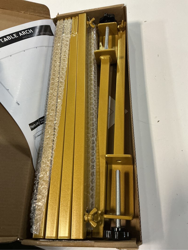 Condition photo showing Good Condition for over the table rod stand with clamps adjustable 13''-42'' tall 29"-98" length gold table arch hanging for wedding birthday party halloween christmas decoration 1 gold