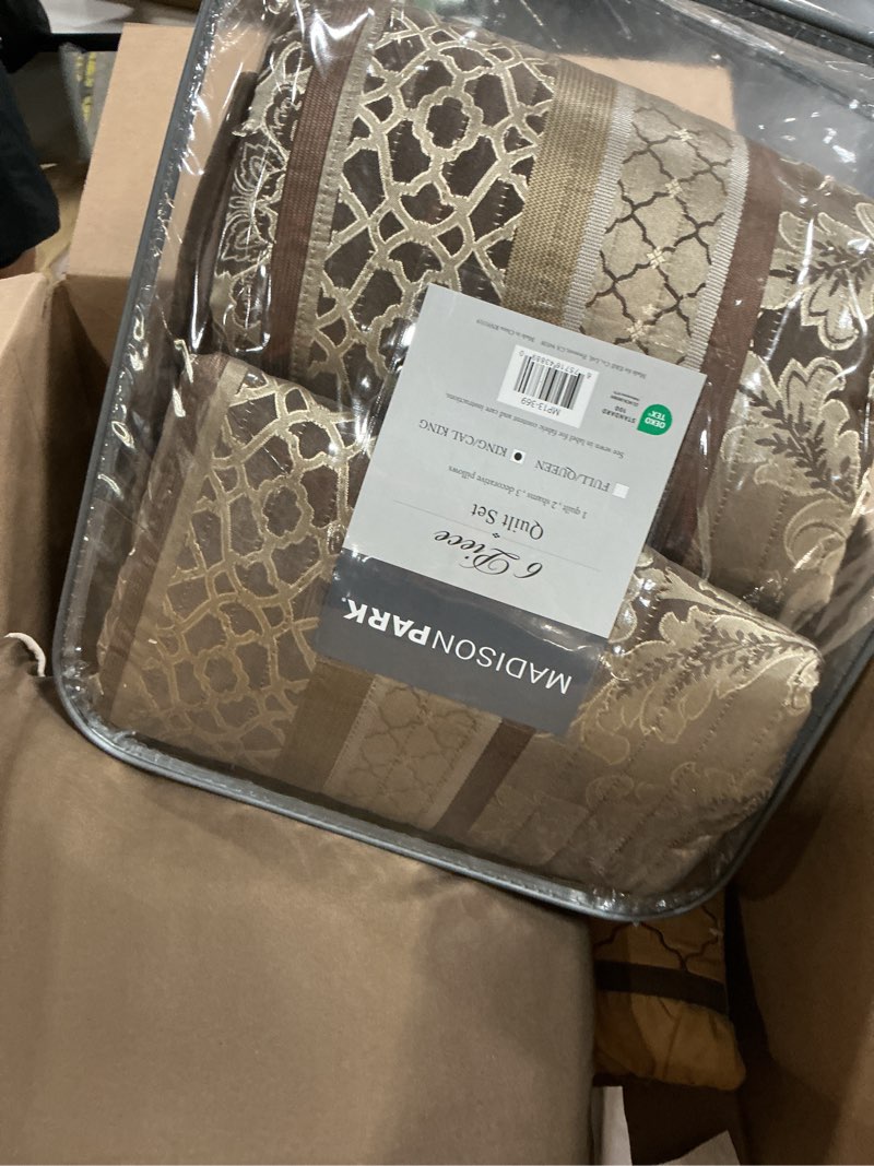 Condition photo showing Good Condition for madison park quilt traditional damask design all season, lightweight coverlet bedspread bedding set, matching shams, pillows, king/cal king(104"x94"), bellagio, jacquard brown/gold 6 piece (mp13-369) brown/gold king/cal king(104"x94")