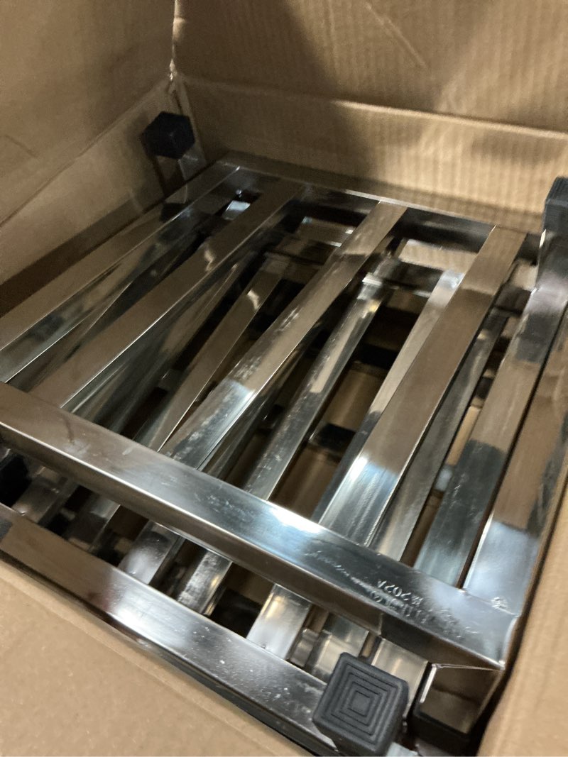 Condition photo showing As Is for morningro 4 pack dunnage rack 13.8" long x 13.8" wide, 3.9" height stainless steel shelf 2000+ pound capacity commercial food floor rack for restaurants kitchens garages and vehicles