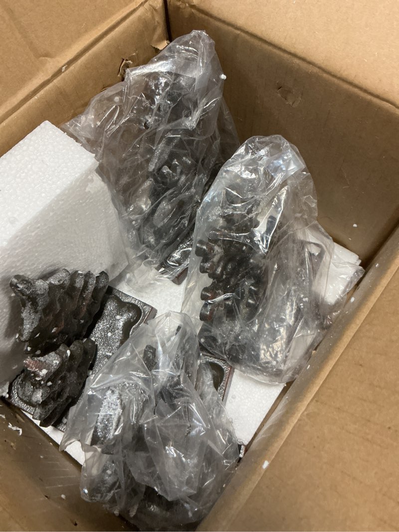 Condition photo showing Good Condition for Cast Iron Christmas Stocking Holders for Mantel,Set of 4 Stocking Holder Set for Fireplace-Double Snowflake Snowman Reindeer Christmas Tree Stocking Hangers-Metal Fireplace Hooks (Set of 4 Black)