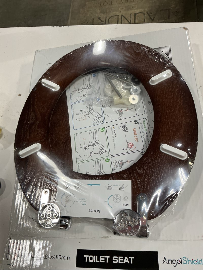 Condition photo showing New/Like New for angel shield toilet seat round wood with slow close,easy clean,quick-release hinges (round,dark walnut) dark walnut round