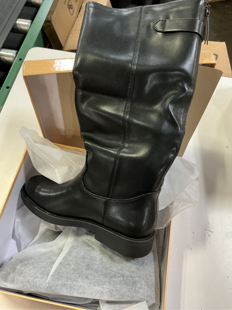 Condition photo showing New/Like New for women's knee high boots chunky heel square toe tall boots for women low heel back zipper boots size 8.5 black