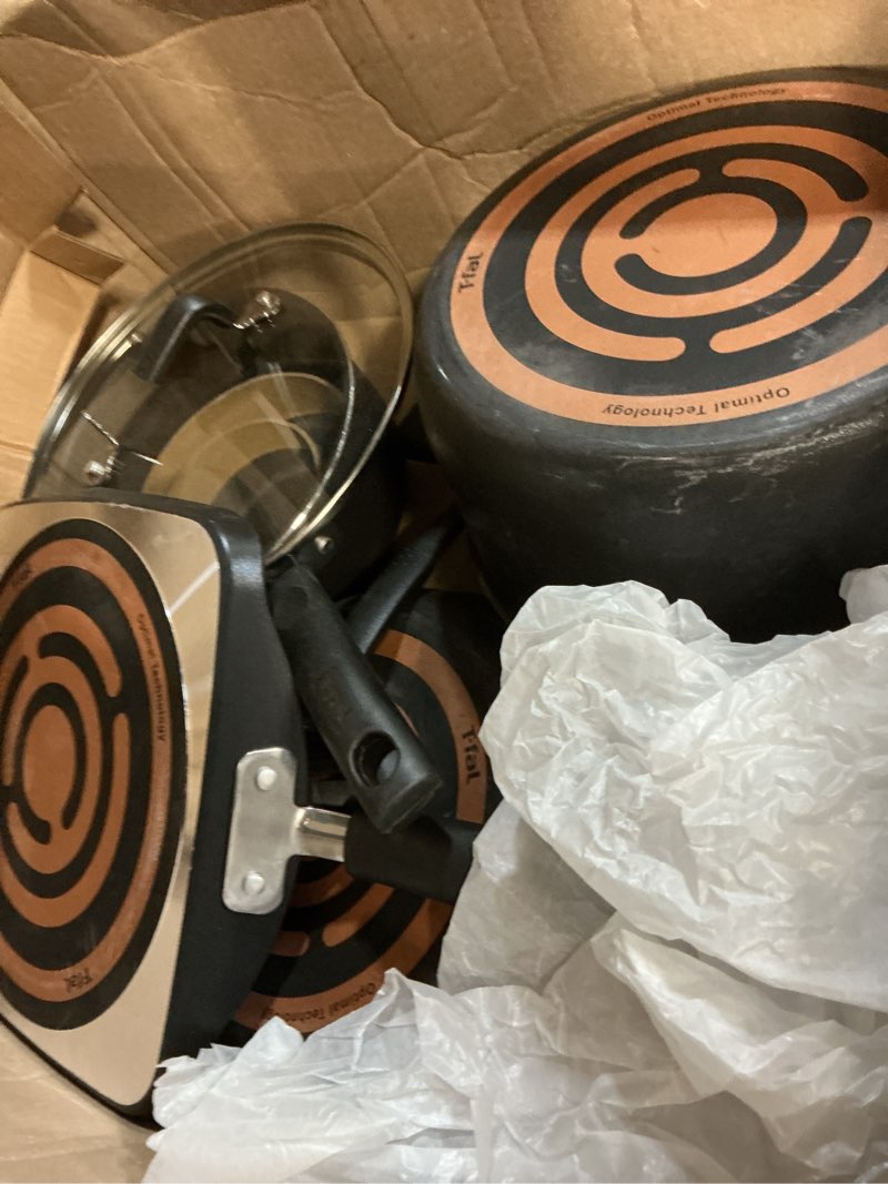 Condition photo showing As Is for t-fal signature nonstick cookware set 12 piece, oven broiler safe 350f, pots and pans, kitchen cooking set w/fry pans, saucepans, saute pan, dutch oven, griddle, kitchen, home, dishwasher safe, black 12-piece nonstick