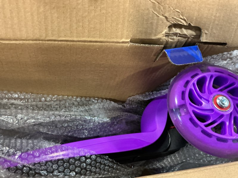 Condition photo showing Good Condition for purple mini 3 wheel scooter for kids – lean-to-steer with led light-up wheels, adjustable handlebar, wide anti-slip deck, smooth pu wheels, rear foot brake – toddler scooter for ages 2+