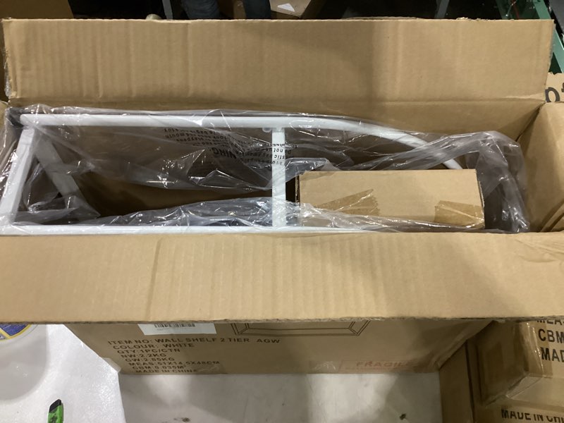 Condition photo showing New/Like New for Crofy White Arched Frame Wall Shelf, Decorative 2 Tier Bathroom Wall Shelf with Transparent Tempered Glass Shelves and Robust Storage Capacity, 6" D x 17.9" W x 19.18" H White Frame & Transparent Shelf 2 Tier