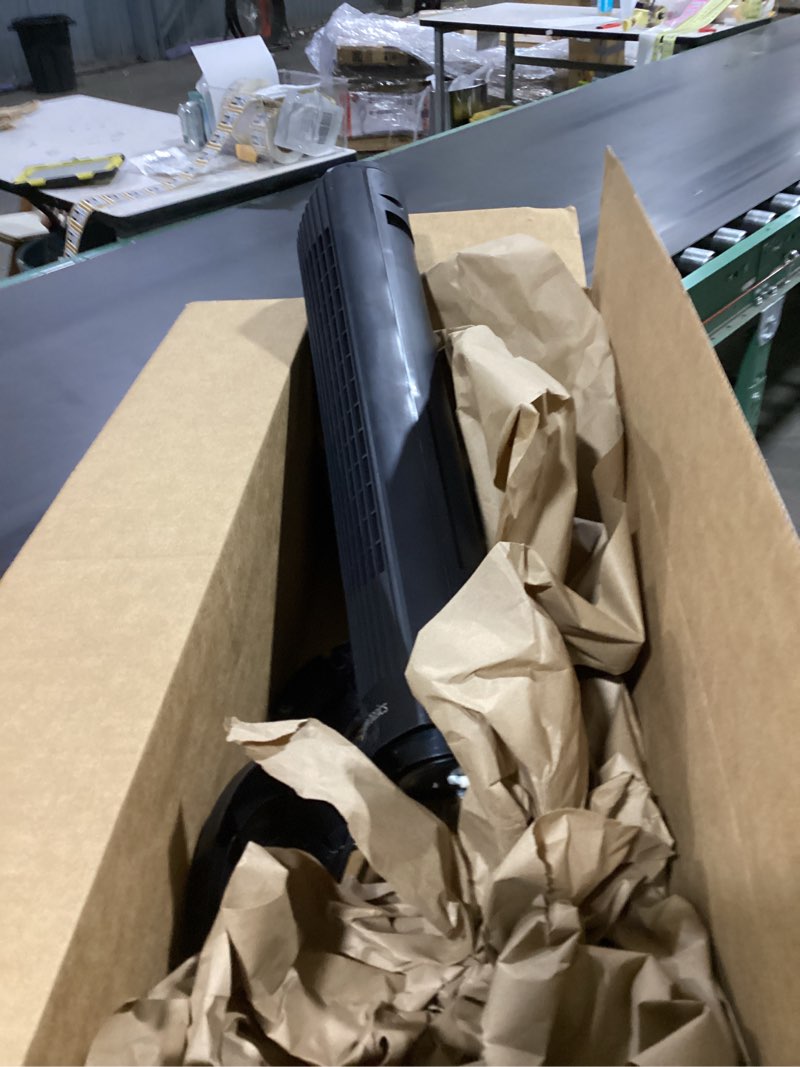 Condition photo showing As Is for (similar to the ) amazon basics 28\" 60-degree oscillating tower fan for bedroom, living room, office, with 3 speeds, intuitive mechanical control, black, 35w, 27.8\"h x 9.4\"d x 9.4\"w 28\" - mechanical control