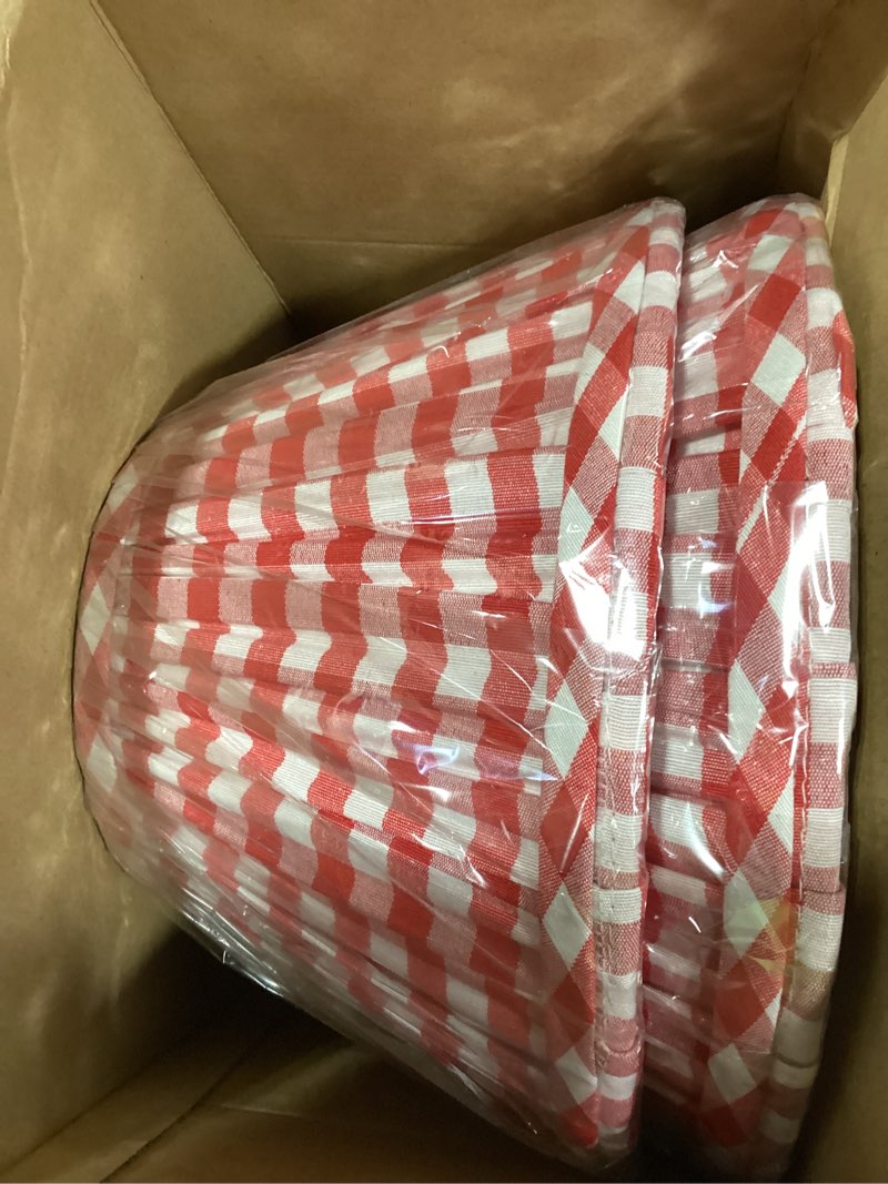 Condition photo showing As Is for vihose gingham plaid pleated lamp shades set of 2, red white ruffle fabric lampshade, spider fitter for farmhouse table chandelier vintage living room bedroom decor