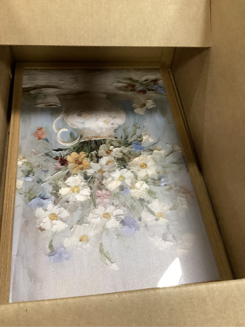 Condition photo showing Good Condition for 2pcs framed vintage canvas wall art, white hydrangea floral daisy wall decor paintings, flower pictures prints aesthetic home decor for living room bedroom bathroom office 16x24 inch ready to hang daisies and hydrangeas 24"l x 16"w