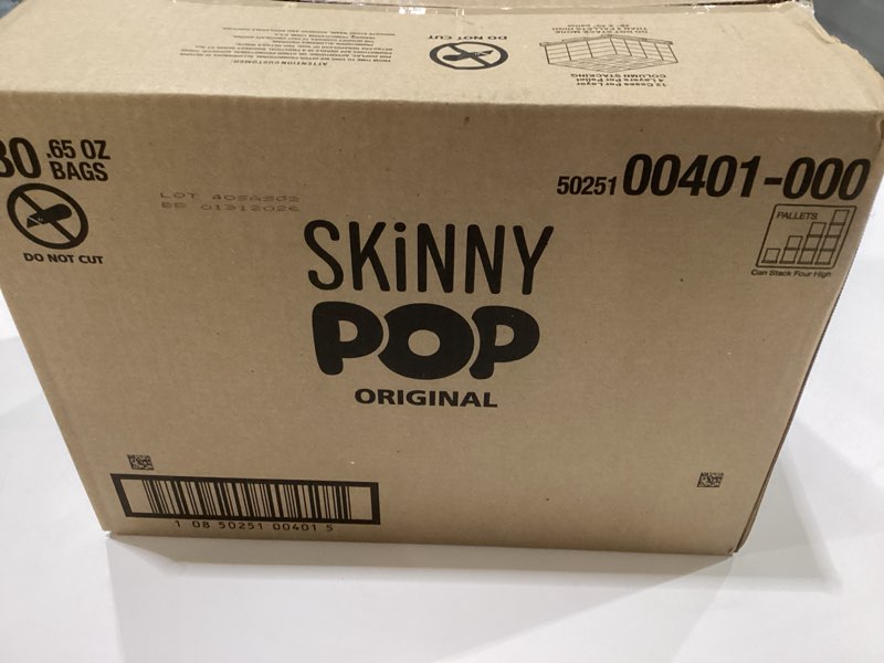 Condition photo showing New/Like New for SkinnyPop Popcorn, Original, Whole Grain, Dairy-Free Snack, 0.65oz Bags (30ct), EXPIRES 1/31/2026