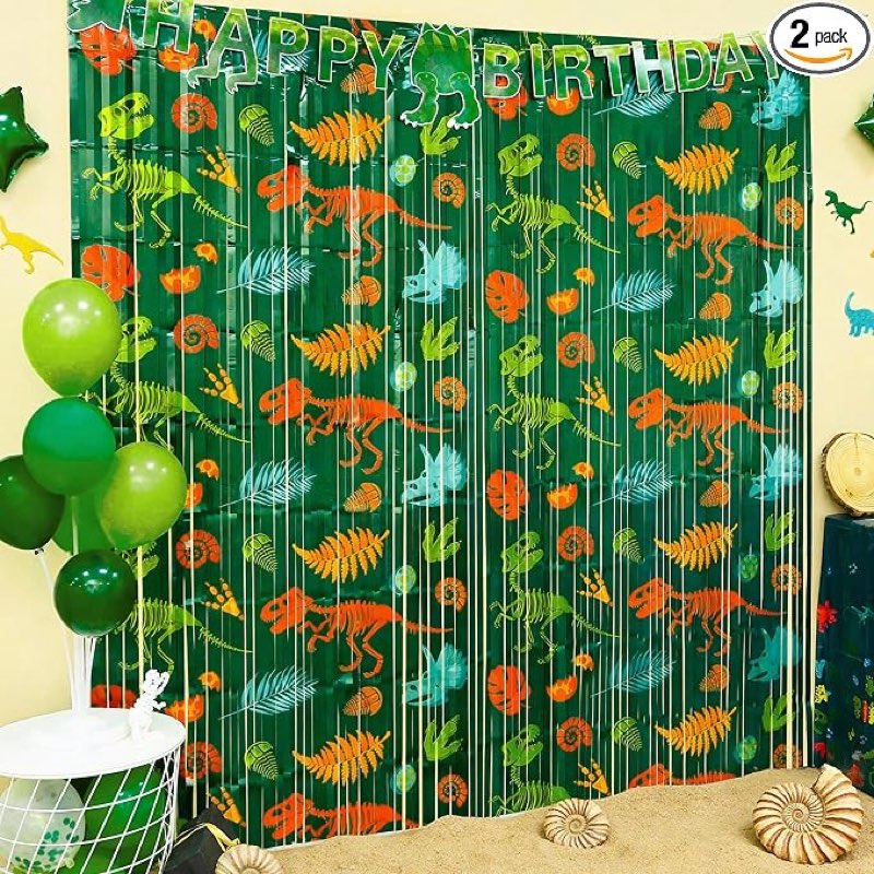 dinosaur birthday decorations 2 pack party supplies foil fringe curtains green plastic baby shower p