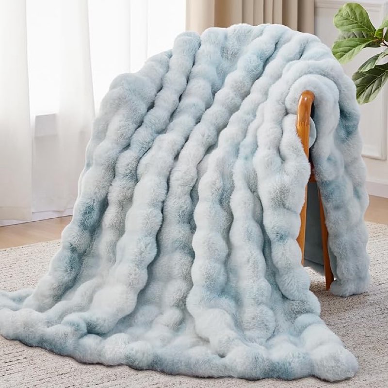 Faux Fur Throw Blanket, 1000GSM Fluffy Soft Bubble Blanket for Couch Bed, Cozy Plush Warm and Thick Blanket, Fuzzy Rabbit Throw for Living Room Bedroom 80''*90'' Tie-dye Blue