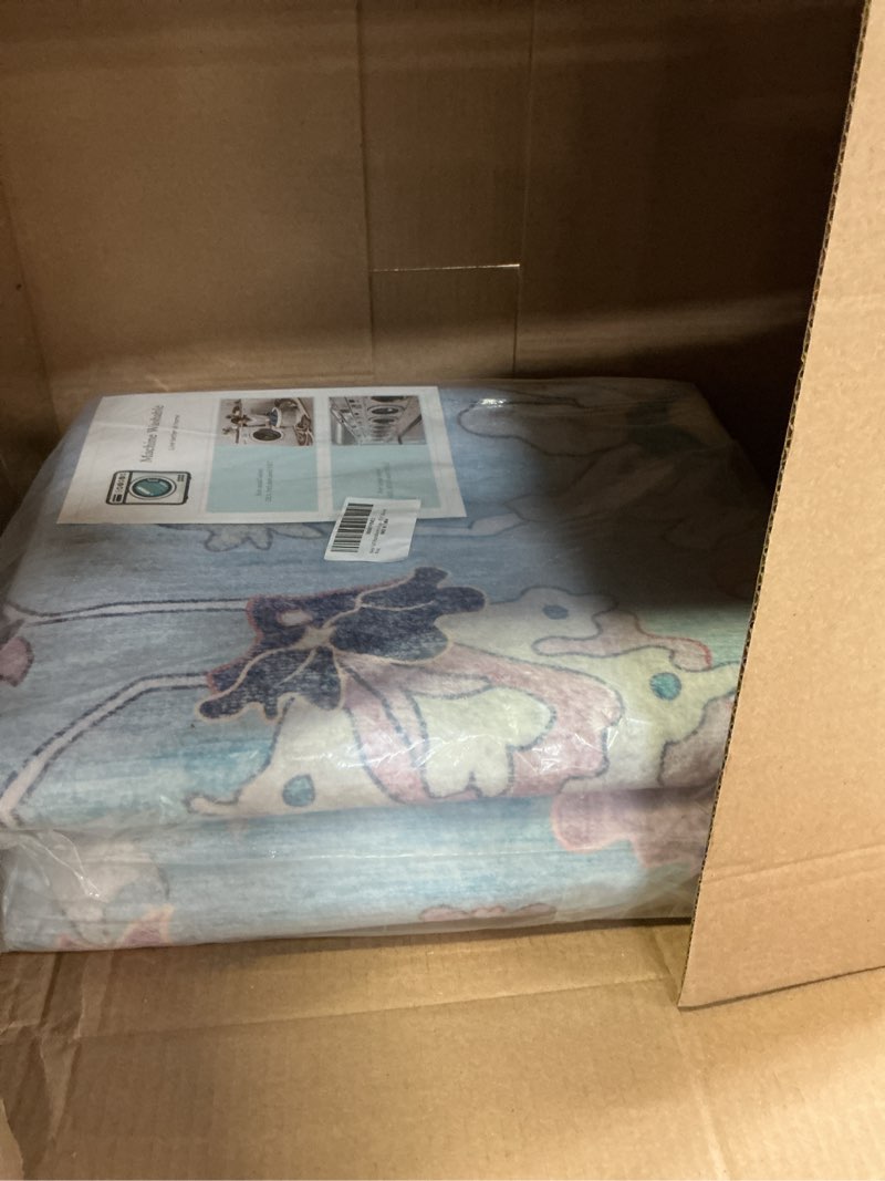 Condition photo showing Good Condition for 5x7 washable area rugs - modern oushak rug vintage floral carpet for living room non-slip low pile soft machine washable carpet for bedroom, dining room, nursery, home office (5'x7', blue and pink) 5' x 7' (rectangular) blue