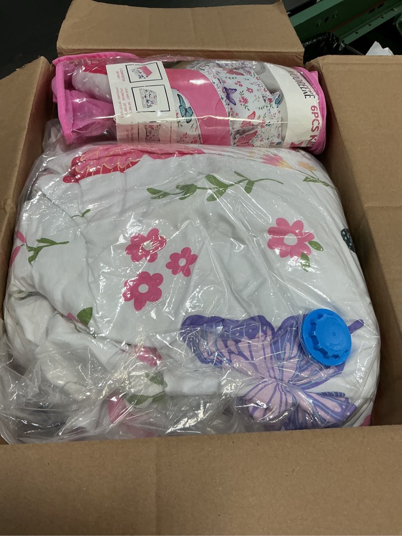 Condition photo showing Good Condition for mooreeke twin size comforter sets for girls kids, 6 pieces bed in a bag flower butterfly bedding comforter sheet set with shams and decorative toy pillow, ultral soft microfiber kids bed set flower butterfly twin