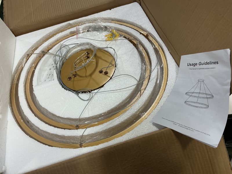 Condition photo showing Good Condition for 2-rings modern led chandelier gold for dining room, circular flush mount ceiling chandelier light dimmable pendant light with remote control for living room entrance foyer, 3000k-6500k 2 ring circular gold