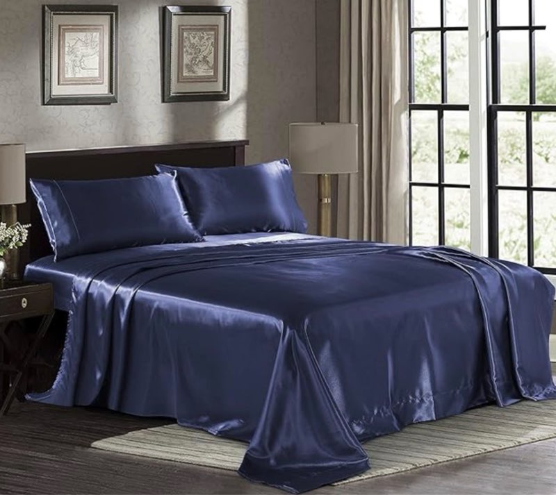 Pure Bedding Satin Sheets Queen [4-Piece, Midnight Blue] Hotel Luxury Silky Bed Sheets - Extra Soft 