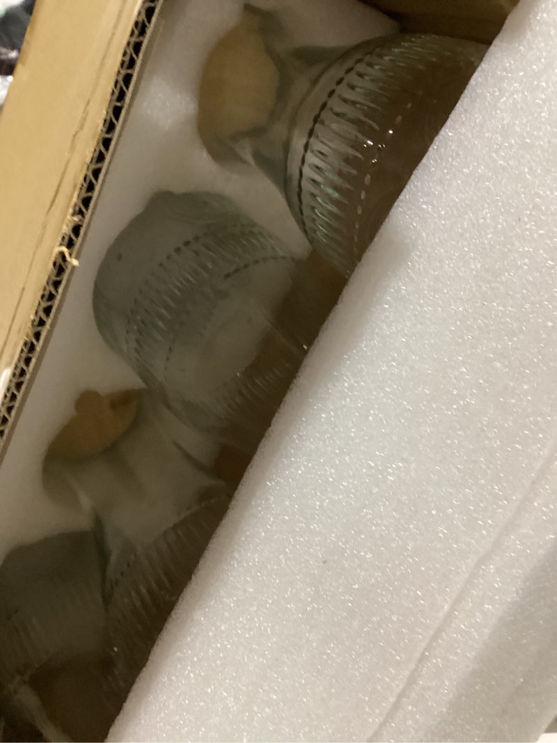 Condition photo showing Good Condition for youeon 4 pack glass carafe with lid, 1 liter beverage pitchers carafes for mimosa bar with bamboo lids and chalkboard tags, clear water juice carafe, wide mouth & easy to grip