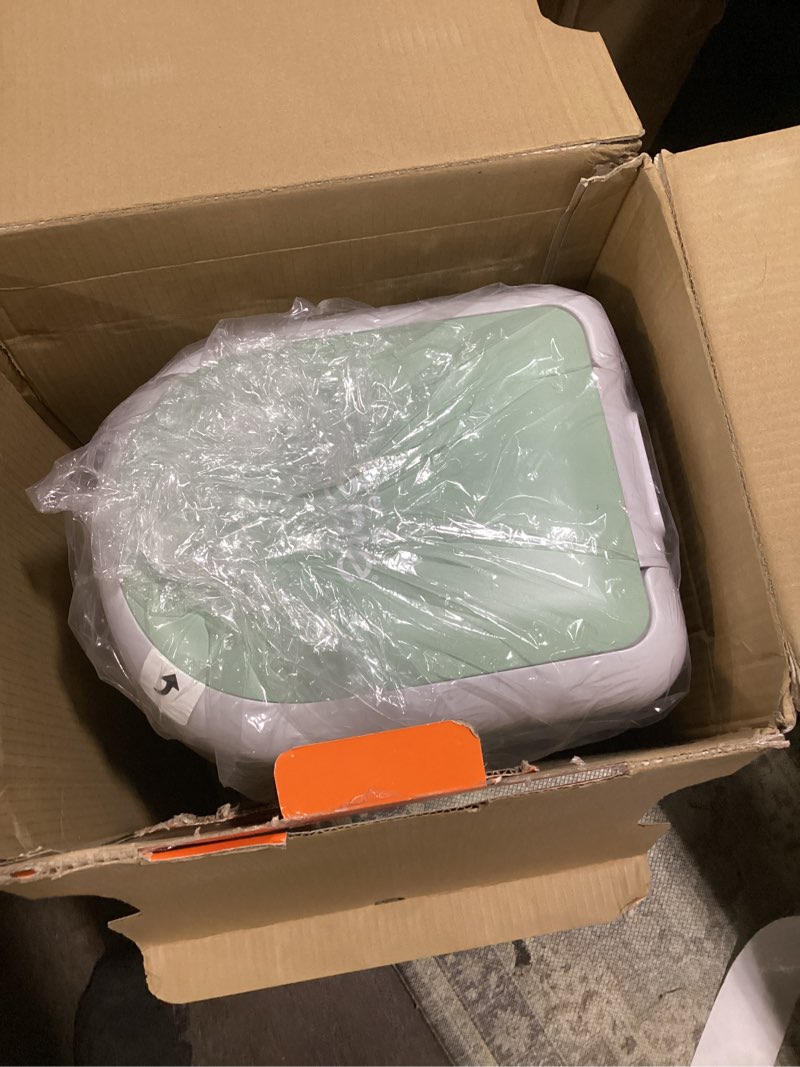 Condition photo showing New/Like New for diaper genie platinum pail (sage green) is made in durable stainless steel and includes 1 easy roll refill with 18 bags that can last up to 5 months.