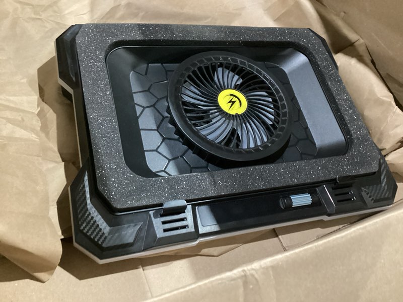 Condition photo showing As Is for chillcore rgb gaming laptop cooling pad with 5.5" turbo fan, rapid cooling for 15.6-19.3" laptops, variable speed control, 7 adjustable heights - k1 5v rgb a21-blue