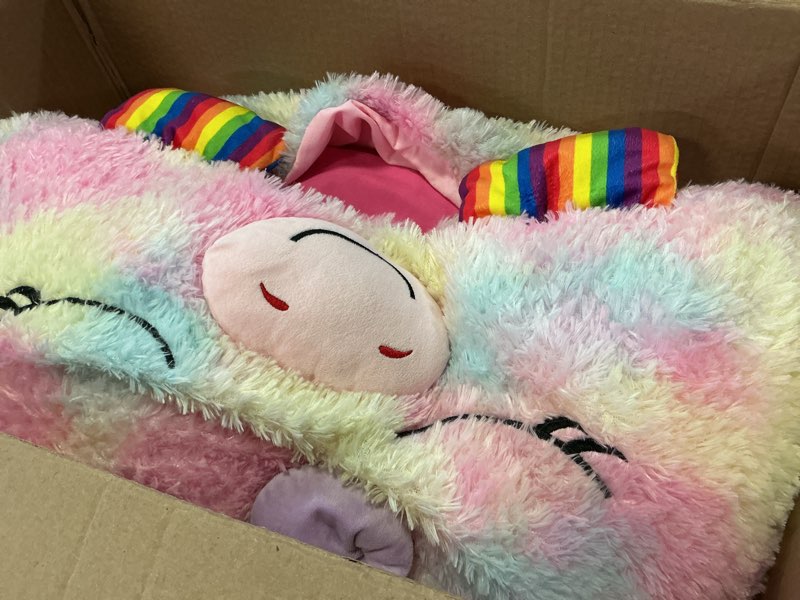 Condition photo showing Good Condition for Happy Nappers: Pillow & Sleepy Sack: Large - Rainbow Unicorn - 66 x 30, 2-in-1: Plush Animal Opens Into Sleeping Bag, Soft Play Character, Kids 3+