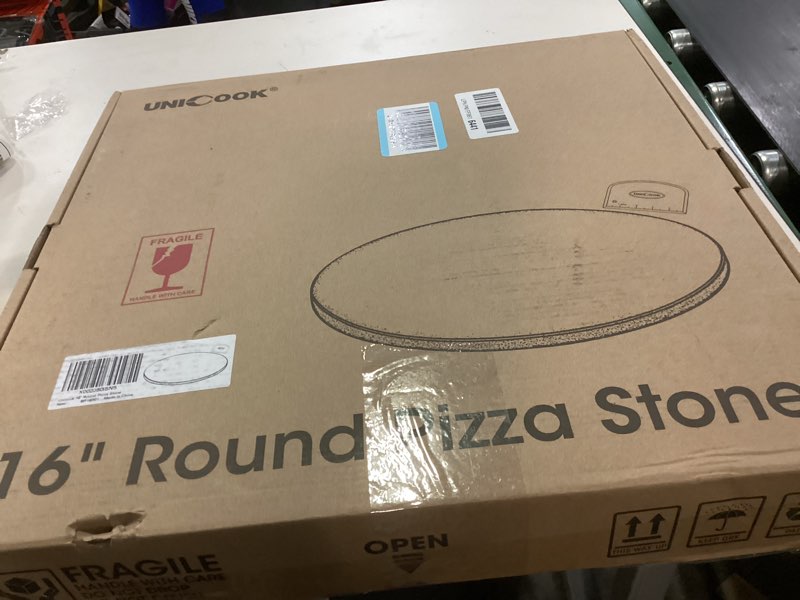 Condition photo showing New/Like New for Unicook 16 Inch Round Pizza Stone, Heavy Duty Cordierite Bread Baking Stone for Oven and Grill, Thermal Shock Resistant, Ideal for Baking Crisp Crust Pizza, Bread and More, Includes Scraper 16" Round