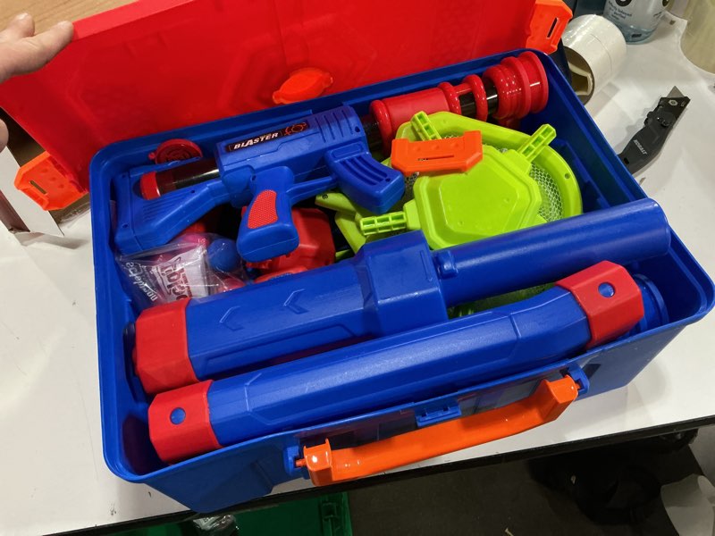 Condition photo showing As Is for 2 in 1 shooting game toys for 5 6 7 8 year old kids, moving standing shooting target & 2 pcs foam ball popper air toy guns, 24 foam balls, 2 player boy toys for boy kids, gifts for boys and girls