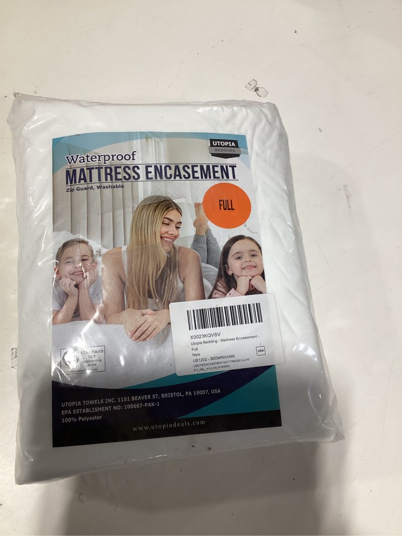 Condition photo showing New/Like New for utopia bedding waterproof mattress protector full size, zippered mattress encasement bed bug and dust mite proof, absorbent six-sided mattress cover 1 full