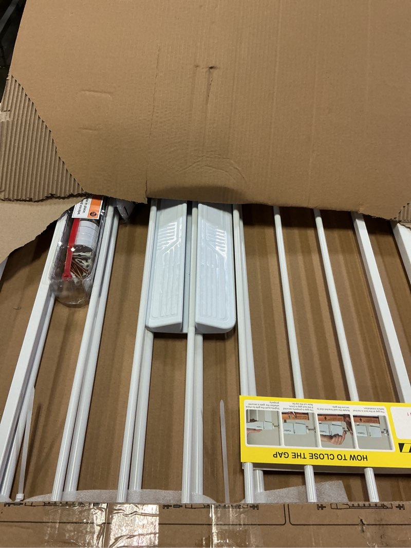 Condition photo showing Good Condition for Cumbor 29.7-46" Baby Gate for Stairs, Toddler Safety Essentials for The House, Auto Close Dog Gate for Doorways, Mom's Choice Awards Winner-Easy Install Pressure Mounted Pet Gates for Dogs, White White 29.7"-46"W x 30.5"H