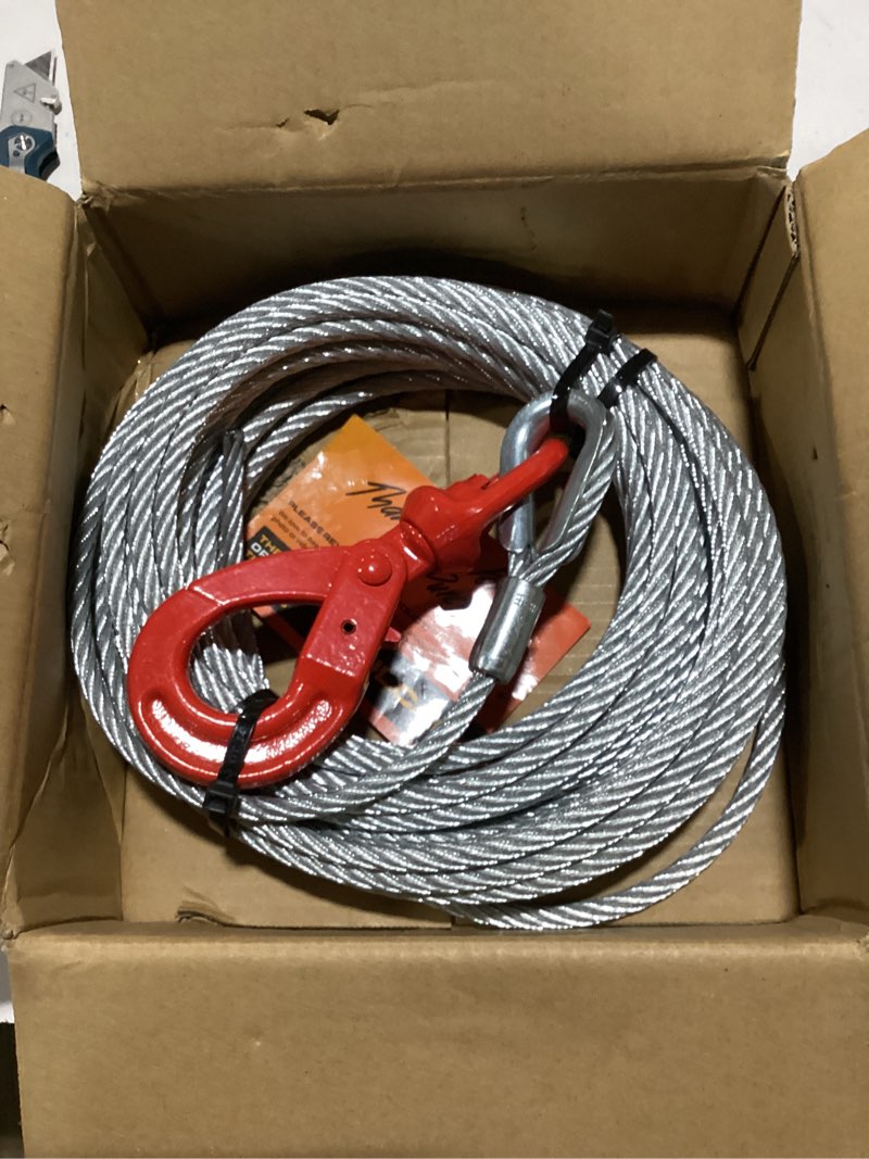 Condition photo showing New/Like New for vulcan winch cable - self-locking swivel hook - galvanized steel core - 3/8 inch x 50 foot - 14,000 lbs. minimum breaking strength self locking swivel hook, steel core, 3/8" x 50'