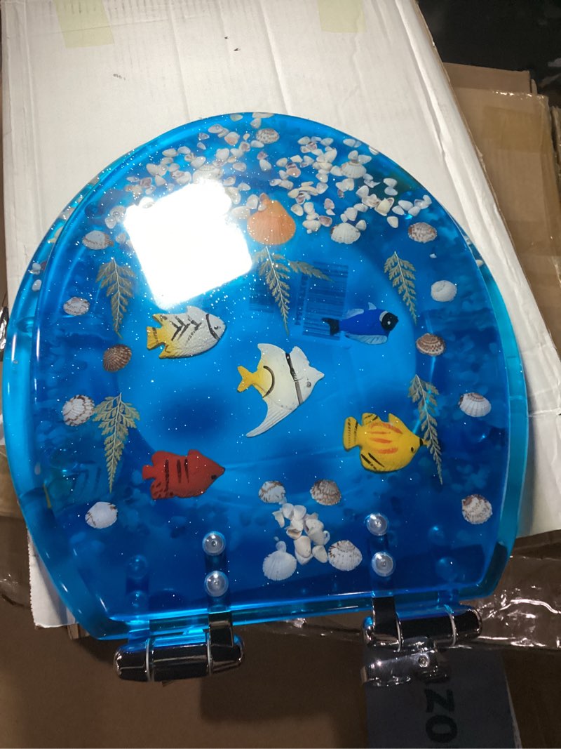 Condition photo showing New/Like New for angol shiold round ocean resin toilet seat slow close quick release metal zinc alloy hinge easy to install also easy to clean, decorative acrylic seats (17 inch, blue ocean, upgraded hinge) transparent blue ocean fish