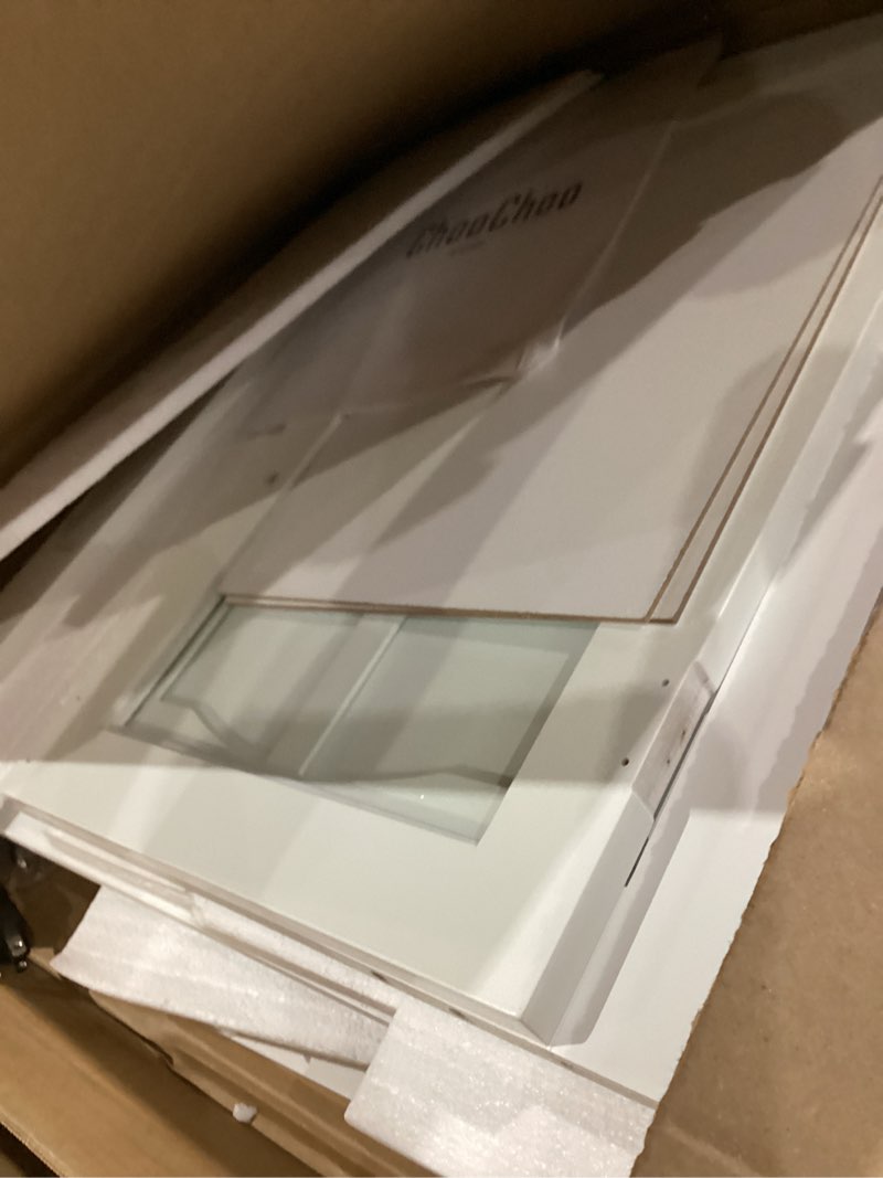 Condition photo showing As Is for choochoo farmhouse end table with charging station, nightstand with adjustable shelf and glass door, white side table for living room, bedroom white 1