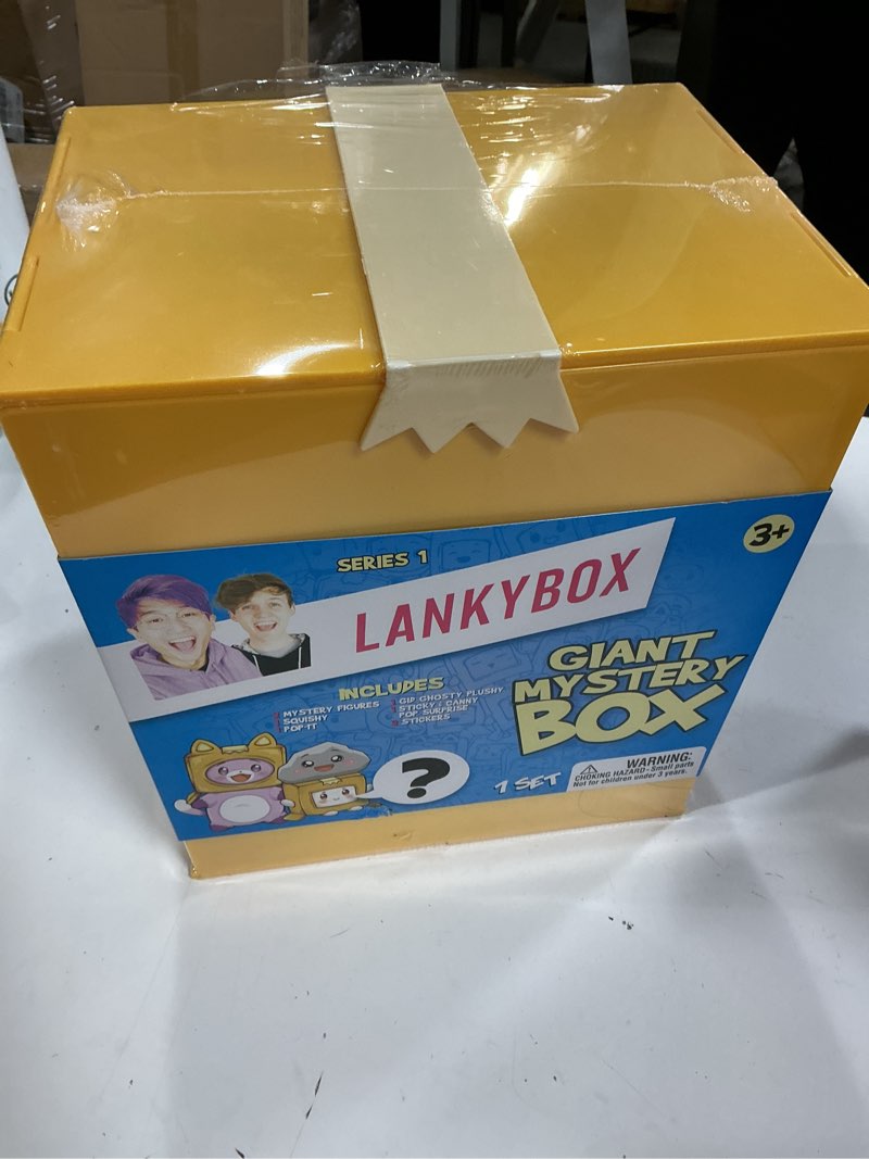 Condition photo showing New/Like New for lankybox giant mystery box: wearable boxy case, 2 figures, one 6” glow-in-the-dark plush, a squishy , pop-it fidget toy, canny with pop-out sticky, and 3 stickers