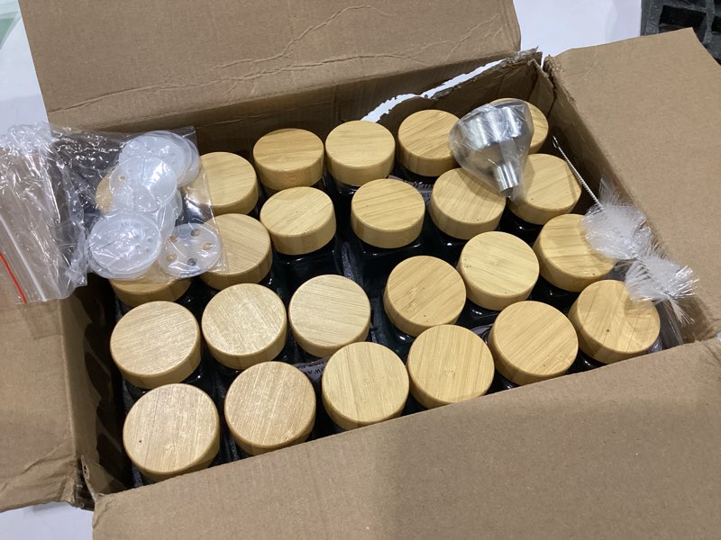 Condition photo showing New/Like New for glass spice jars with label, 24x bamboo wooden lids - black labels | airtight lids keep spices fresh, kitchen spice drawer organizer, 4oz seasoning containers incl. funnel, brush & 240 labels black spice labels