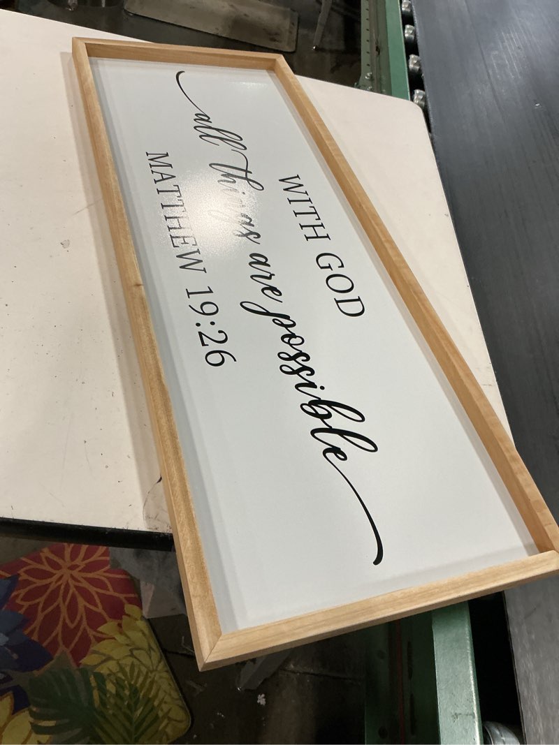 Condition photo showing As Is for With God All Things are Possible Framed Wall Art, 40''×15'' Positive Religious Rustic Bible Verse for Christian God Jesus Christ Prayer, Vintage Horizontal Holy Inspirational Catholic Scripture Decor