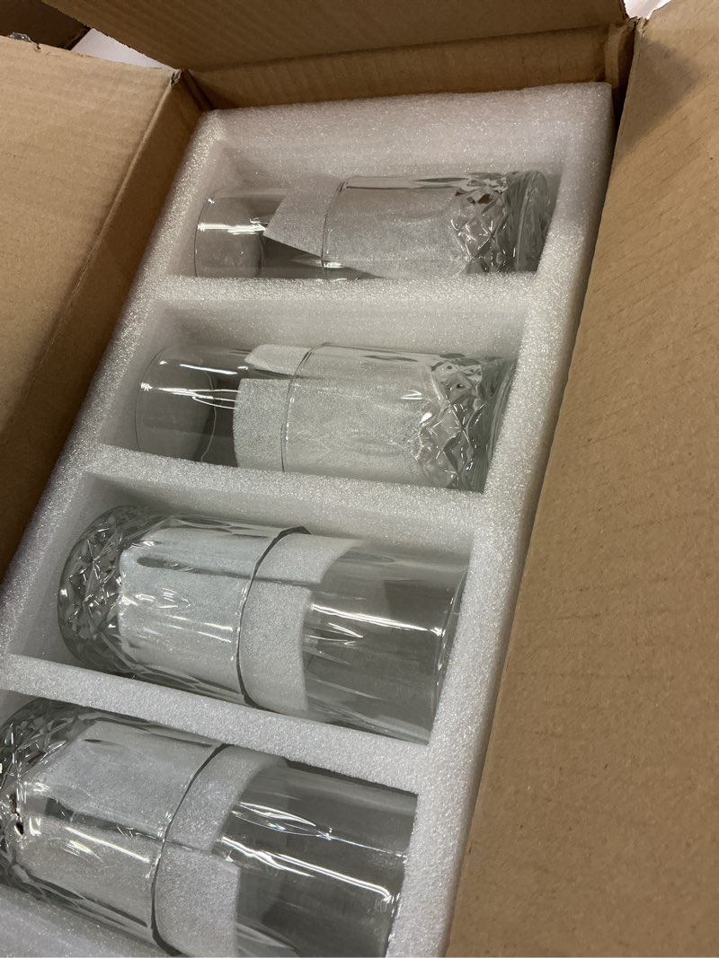 Condition photo showing New/Like New for Drinking Glasses, 8 Piece Crystal Glass Cups, Mixed Glassware Set, 4 pcs Crystal Old Fashioned 11oz Highballs and 4 pcs 11oz Whiskey Glasses, Great for Cocktail, Whisky and other Beverages Clear