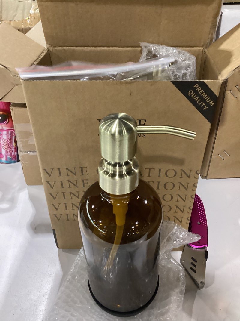 Condition photo showing New/Like New for vine creations amber glass soap dispenser, 2 pack kitchen soap dispenser set with stainless steel pump, 16 oz dish soap and hand soap dispensers for bathroom with waterproof labels and protective pads amber bottle / brushed brass pump