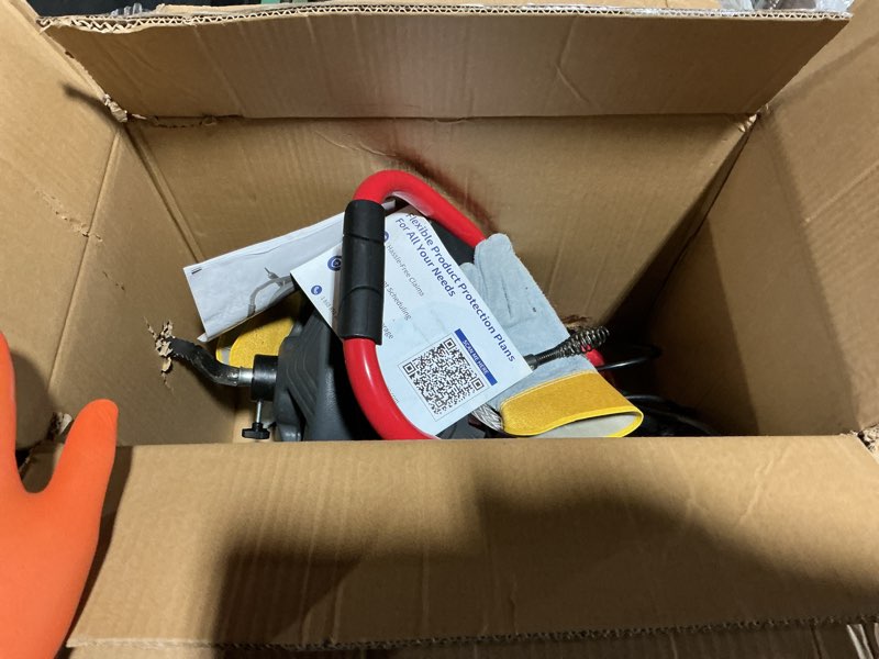 Condition photo showing As Is for pioneerworks 50ft x 5/16 inch drain cleaner machine, electric drain auger professional for 3/4 to 3 inch pipes, foot switch with 6 cutters, glove, drain auger cleaner sewer snake - da04
