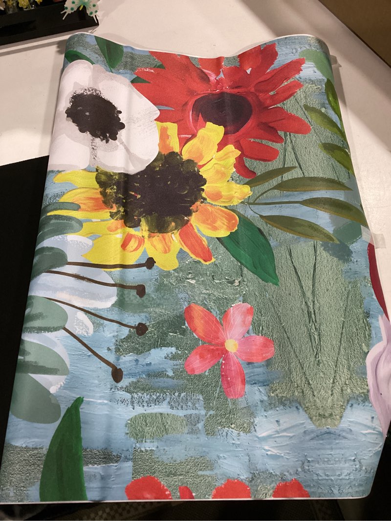 Condition photo showing As Is for cre8tive blooming floral wallpaper 24"x118" blue peel and stick wallpaper floral red white yellow flower contact paper self adhesive removable wall paper for bedroom girls room bathroom walls cabinets 24" x 118"