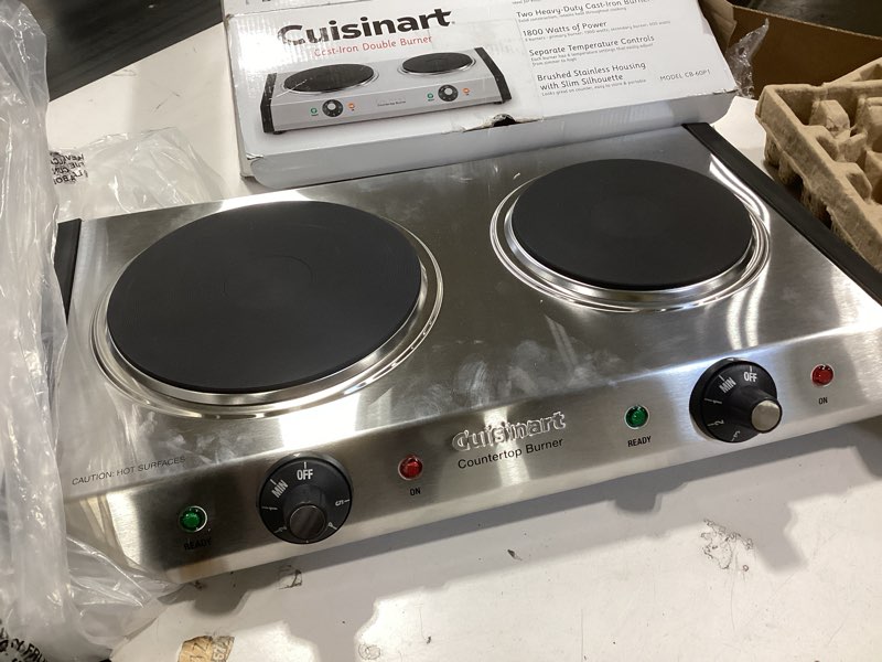 Condition photo showing As Is for Cuisinart CB-60P1 Countertop Double Burner, Stainless Steel/Black Cuisinart Cast-Iron Double Burner